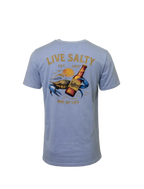 A light blue short-sleeve t-shirt shown from the back, featuring a large graphic print of a blue crab holding a brown beer bottle, with the text 'LIVE SALTY EST. 2007' and 'WAY OF LIFE'.