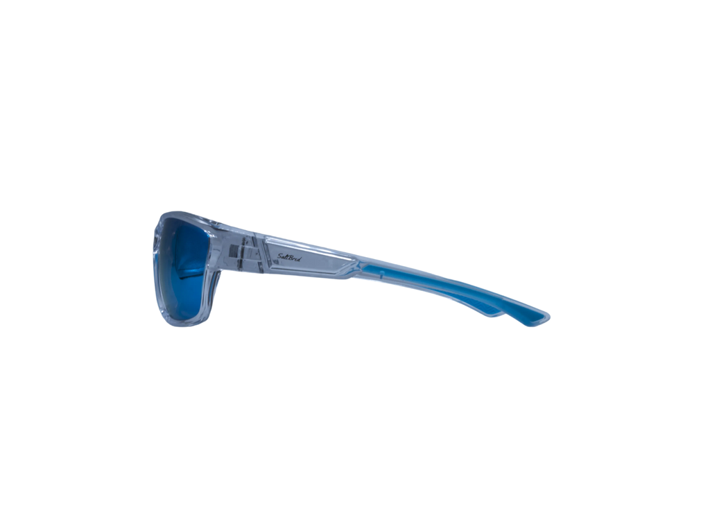Blue sunglasses with a clear frame on a white background