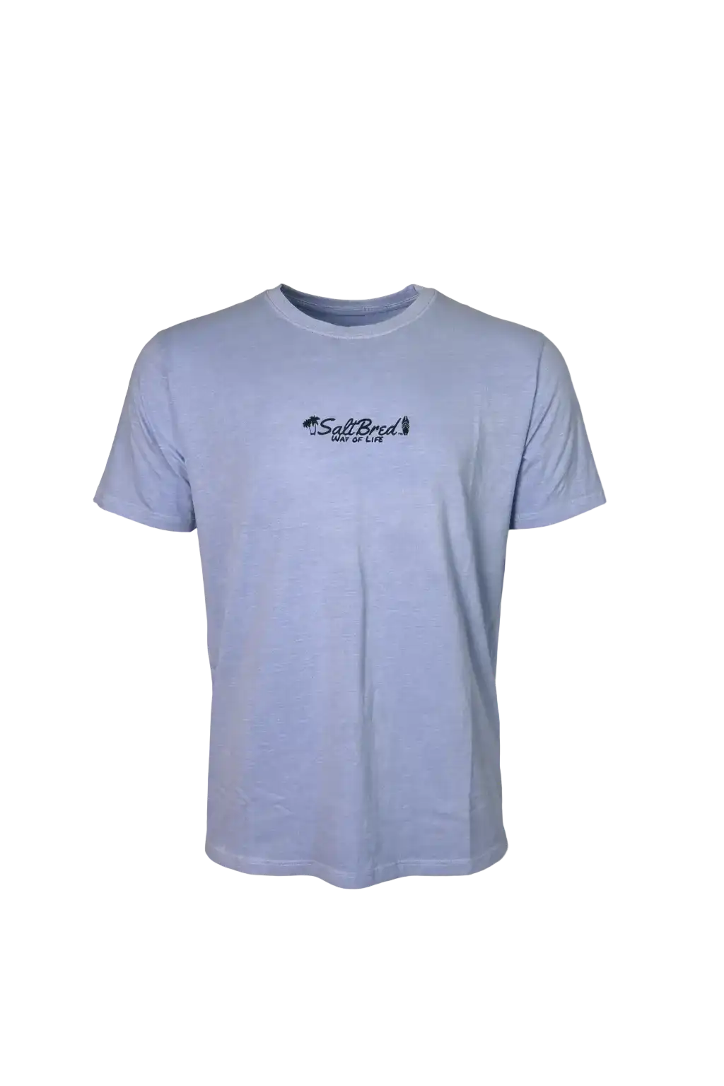 A light blue heather crewneck t-shirt with a small black 'South Beach' graphic on the center chest, displayed against a solid white background.