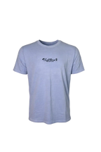 A light blue heather crewneck t-shirt with a small black 'South Beach' graphic on the center chest, displayed against a solid white background.