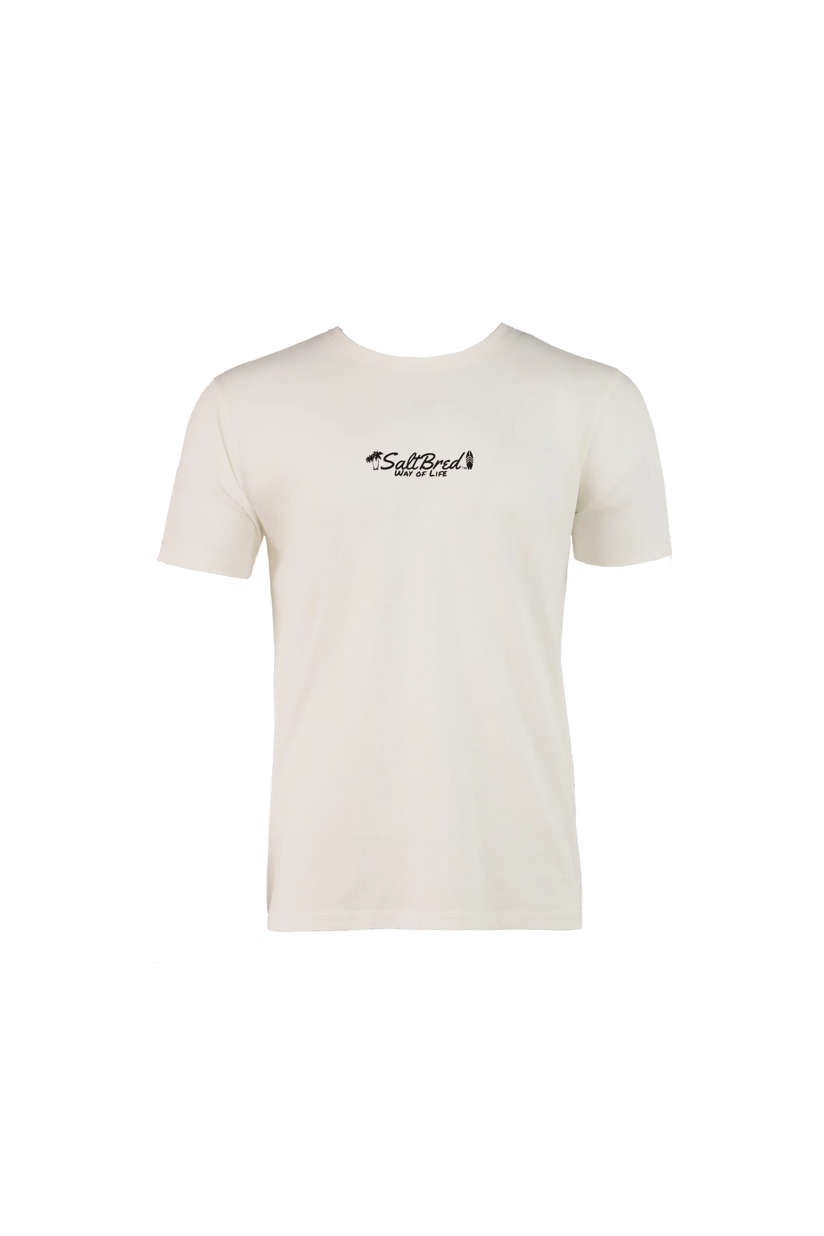 An off-white short-sleeve crewneck t-shirt with a black 'Surf Board' graphic printed on the center chest, displayed against a solid white background.