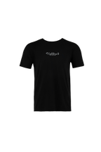 A black short-sleeve crewneck t-shirt with a small white graphic logo printed across the chest, displayed on a solid white background.