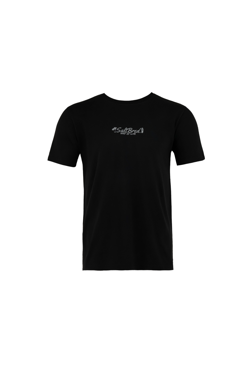 A black short-sleeve crewneck t-shirt with a small white graphic logo printed across the chest, displayed on a solid white background.