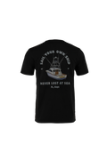 A black short-sleeve t-shirt shown from the back, featuring a graphic print of a fishing boat with the text 'SAIL YOUR OWN SHIP', 'NEVER LOST AT SEA', and 'FL. KEYS' in white and gray.