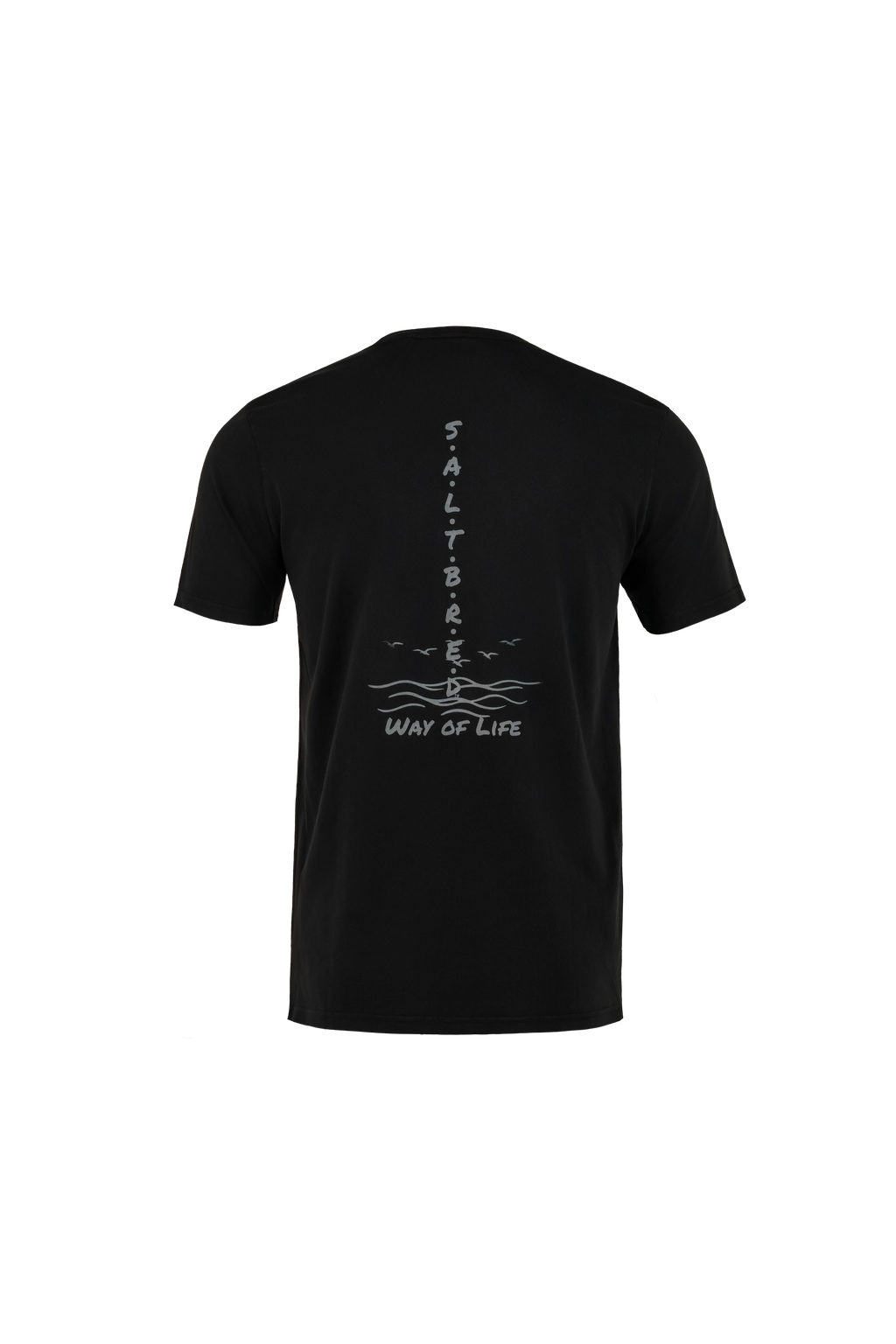 A black short-sleeve t-shirt shown from the back, featuring a vertical white graphic print with the words 'FAITH BARED' and 'WAY OF LIFE' on a plain white background.