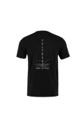 A black short-sleeve t-shirt shown from the back, featuring a vertical white graphic print with the words 'FAITH BARED' and 'WAY OF LIFE' on a plain white background.