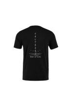A black short-sleeve t-shirt shown from the back, featuring a vertical white graphic print with the words 'FAITH BARED' and 'WAY OF LIFE' on a plain white background.