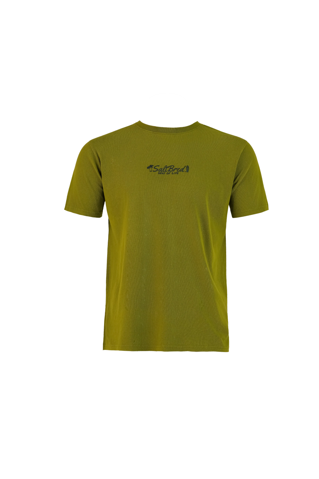 A short-sleeve crewneck t-shirt in olive green with a small black graphic logo printed on the center chest, displayed against a solid white background.