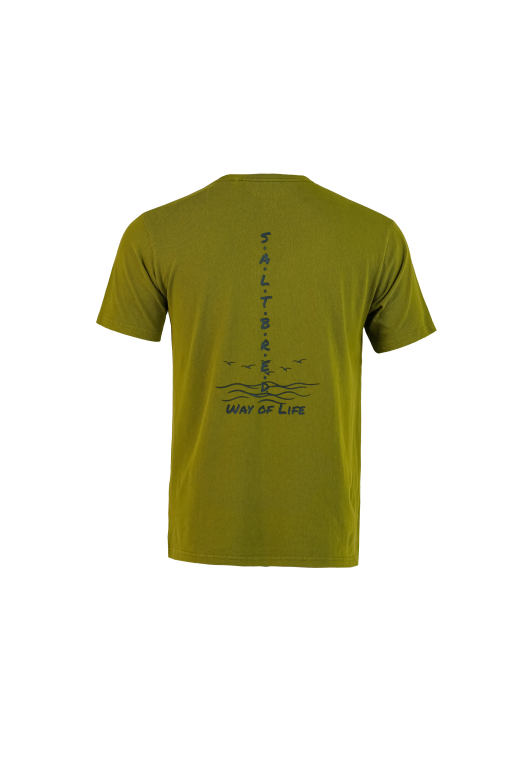Men's olive green sports T-shirt back featuring graphic design