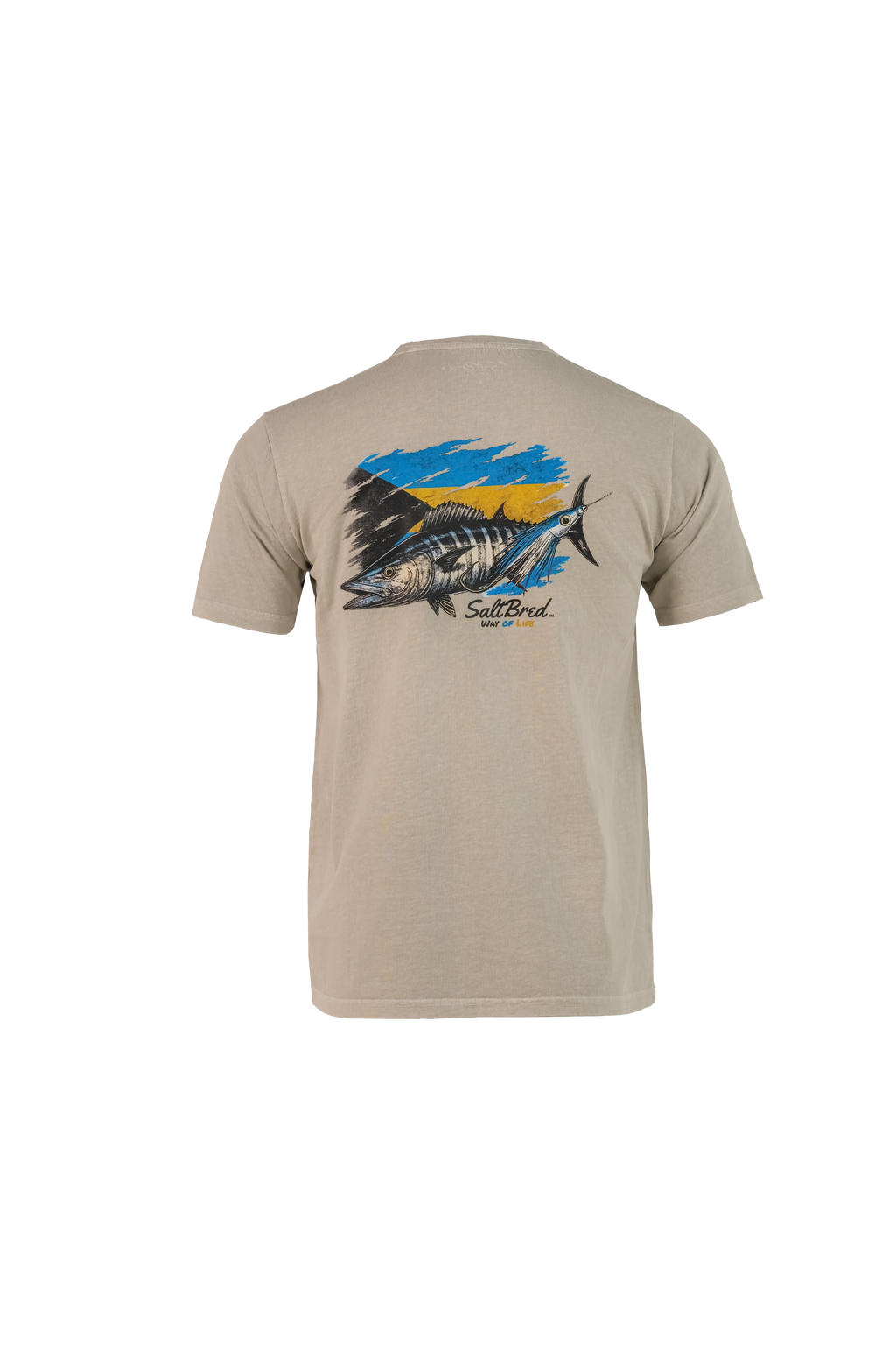 Beige t-shirt with a fish graphic and 'Salt Life' branding on a white background