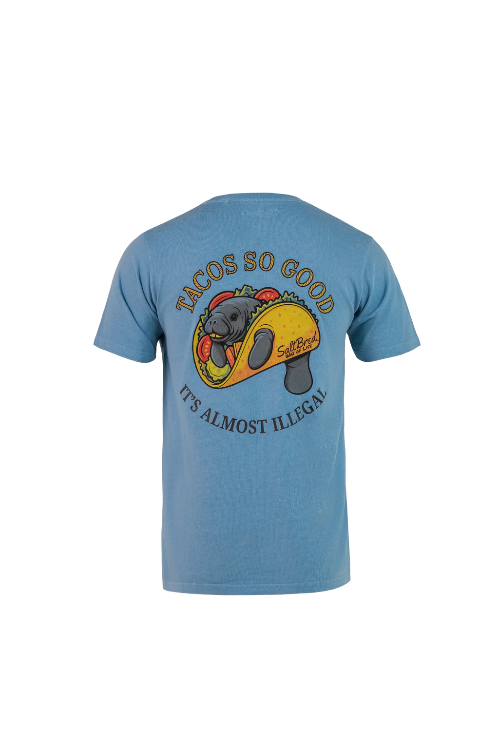 A light blue heather crewneck t-shirt shown from the back, featuring a graphic of a gray sea otter inside a taco with the text 'TACOS SO GOOD IT'S ALMOST ILLEGAL' and 'sea otter' written on the taco shell.