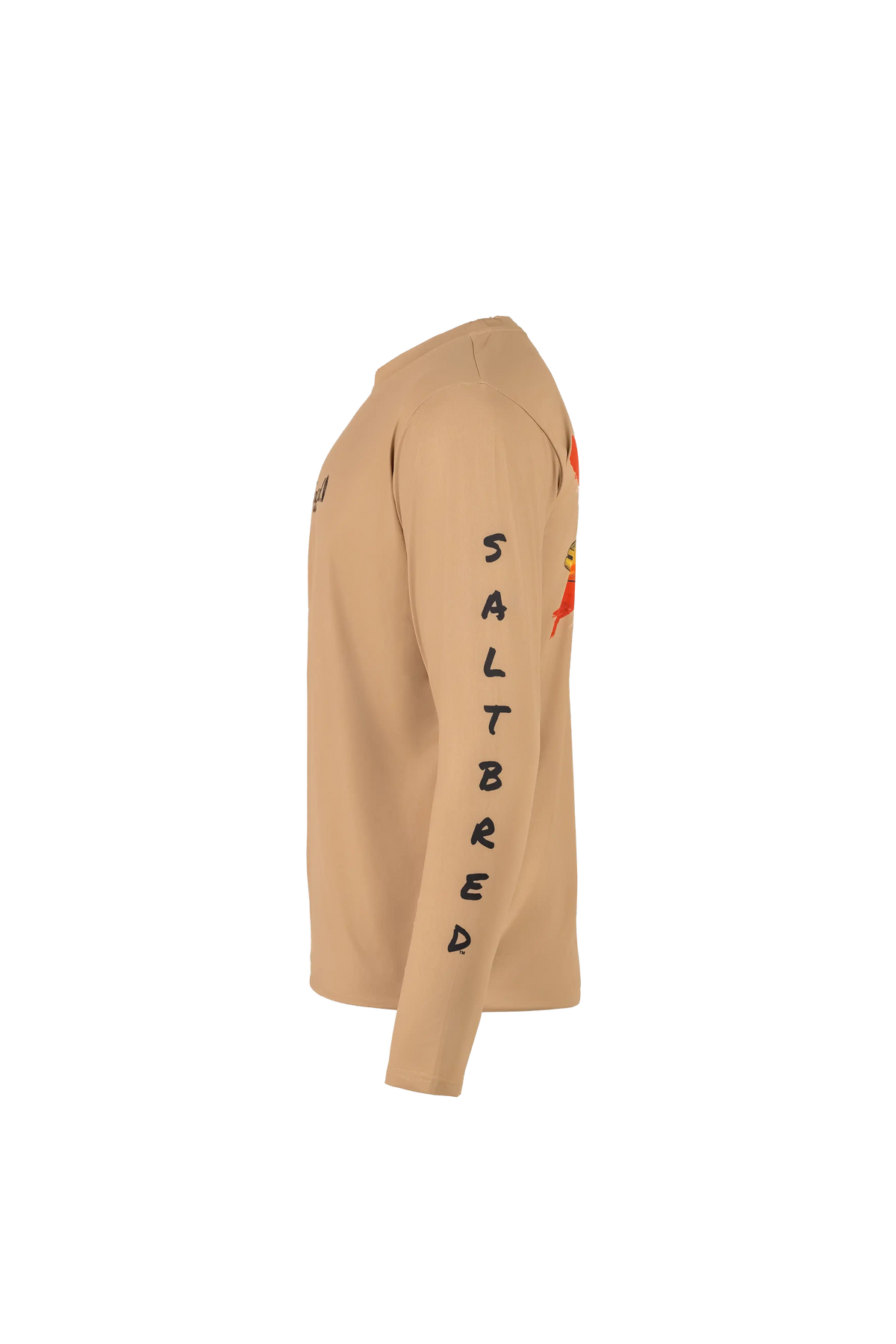 A tan long-sleeve performance shirt shown in a side profile view against a solid white background. The shirt features the word 'SALTBRED' printed vertically in black on the right sleeve and a red and yellow graphic on the left sleeve.