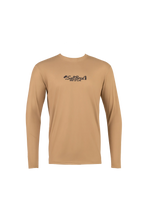 A tan long-sleeve performance shirt with a black 'SubZero Wear' logo printed on the center chest, displayed on a clean white background.