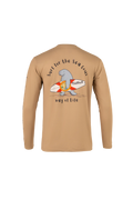 A tan long-sleeve t-shirt with a graphic on the back featuring a cartoon sea turtle carrying a surfboard, with the text 'Surf for the Sea Cows' and 'way of life'.