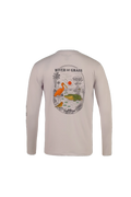 A light beige long-sleeve t-shirt shown from the back, featuring a large circular graphic print with an alligator, a red sun, and birds under the text 'RIVER OF GRASS' and 'CactusLand MADE IN FL'.