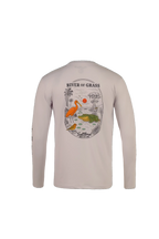 A light beige long-sleeve t-shirt shown from the back, featuring a large circular graphic print with an alligator, a red sun, and birds under the text 'RIVER OF GRASS' and 'CactusLand MADE IN FL'.