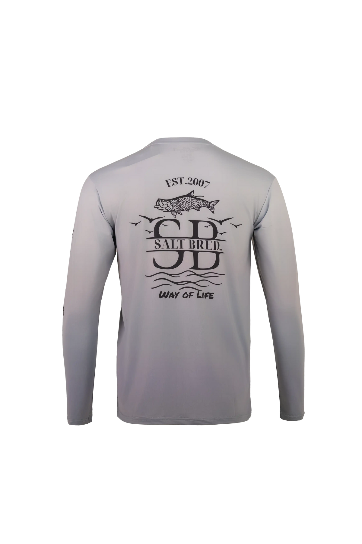 A light gray long-sleeve shirt shown from the back, featuring a black graphic print of a fish, the text 'EST. 2007', 'SD', 'SALT BIRD', and 'WAY OF LIFE'.