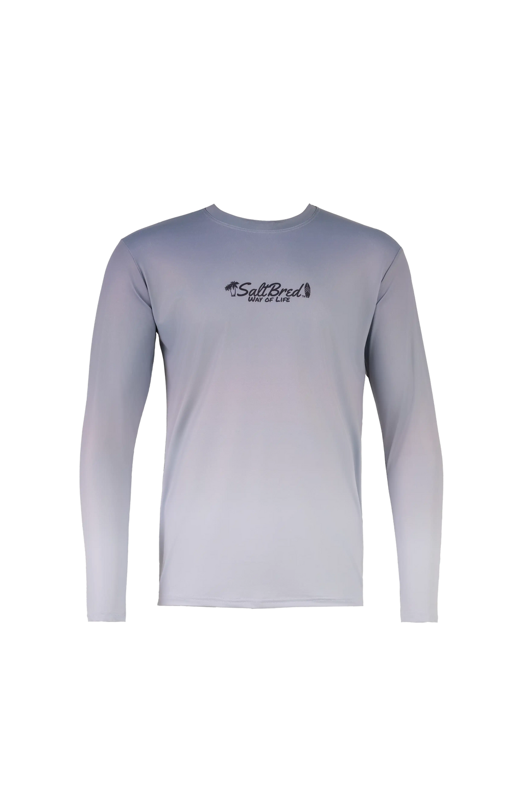 A long-sleeve crewneck shirt with a vertical gradient fading from a light blue-gray at the top to a very pale gray at the bottom, featuring a black 'Salt Bay 48' logo printed on the center chest, displayed on a solid white background.