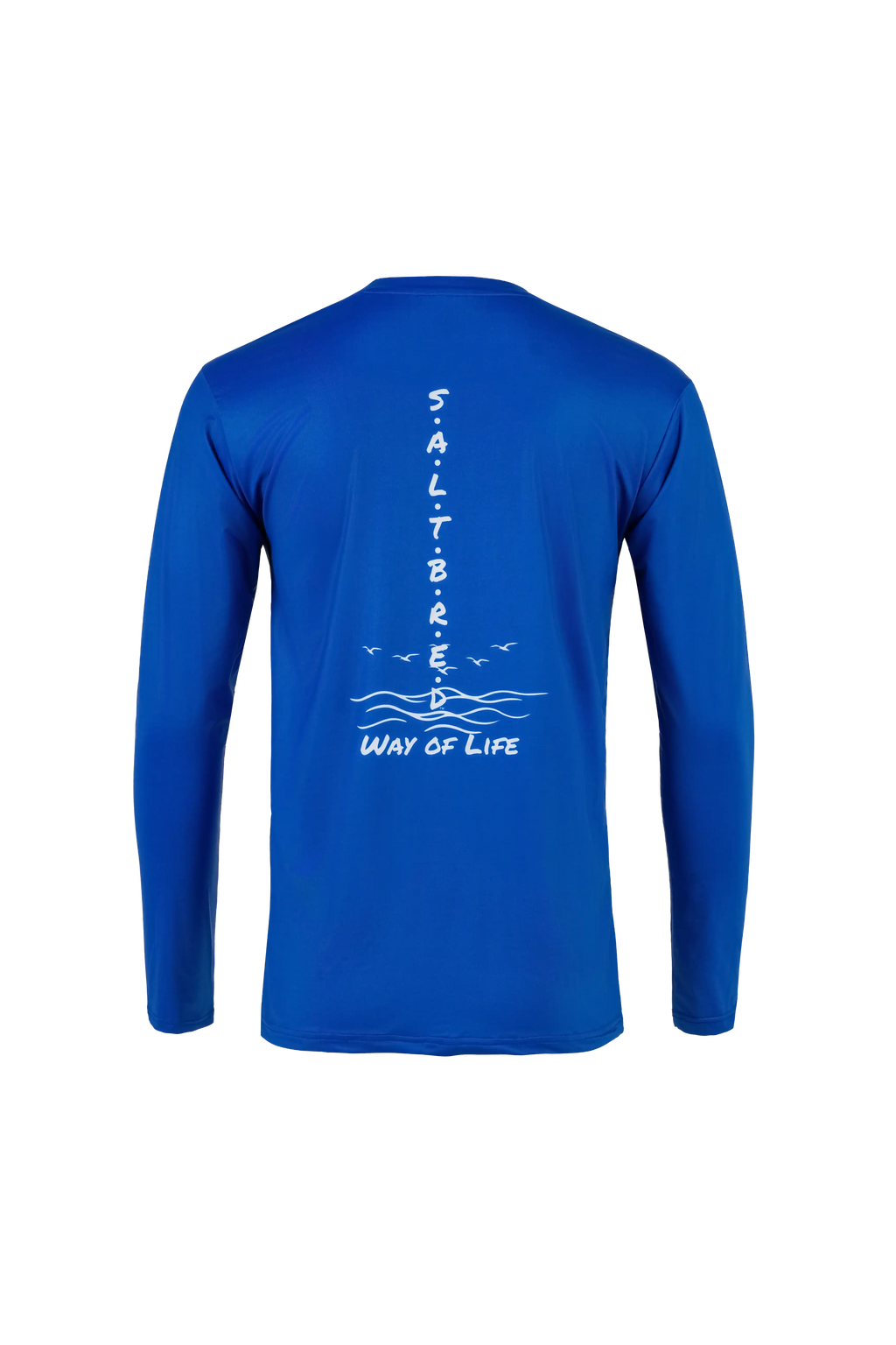 A royal blue long-sleeve shirt shown from the back, featuring a white vertical graphic that reads 'SALT BRAID WAY OF LIFE' with wave and bird illustrations.