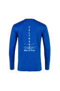 A royal blue long-sleeve shirt shown from the back, featuring a white vertical graphic that reads 'SALT BRAID WAY OF LIFE' with wave and bird illustrations.