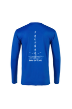 A royal blue long-sleeve shirt shown from the back, featuring a white vertical graphic that reads 'SALT BRAID WAY OF LIFE' with wave and bird illustrations.