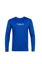 A royal blue long-sleeve performance shirt with a white 'Salt Bird' logo printed on the center chest, displayed on a clean white background.