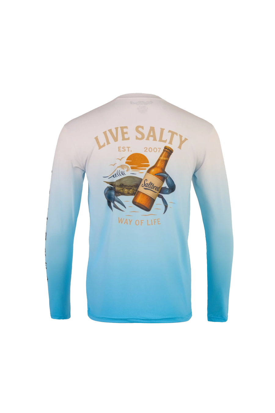A long-sleeve performance shirt with a white-to-blue gradient, featuring a large back graphic with a crab, a fishing boat, a bottle, and the text 'LIVE SALTY' and 'WAY OF LIFE'.