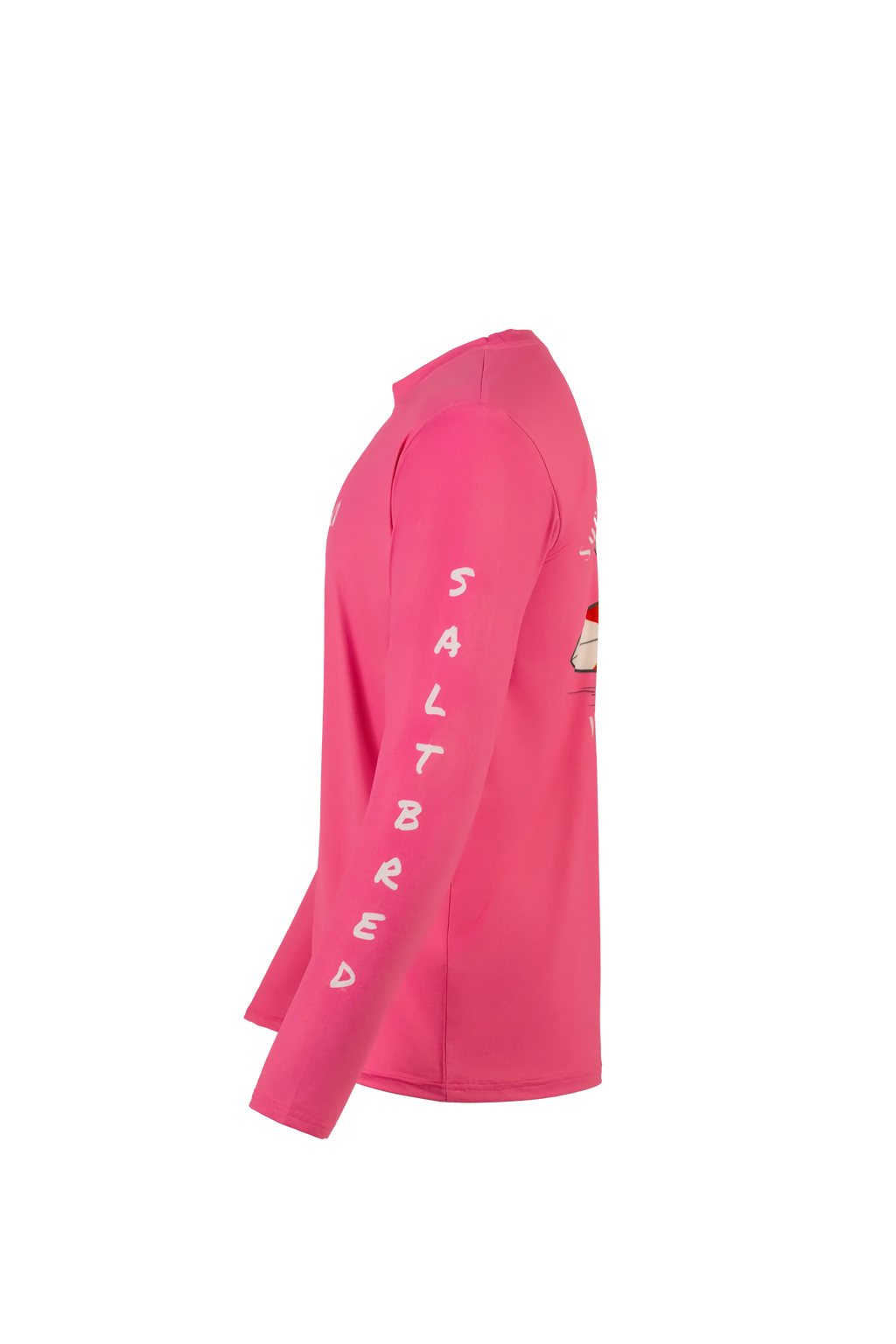 A bright pink long-sleeve shirt shown from the side profile on a plain white background. The word 'SALTBRED' is printed vertically in white on the sleeve.