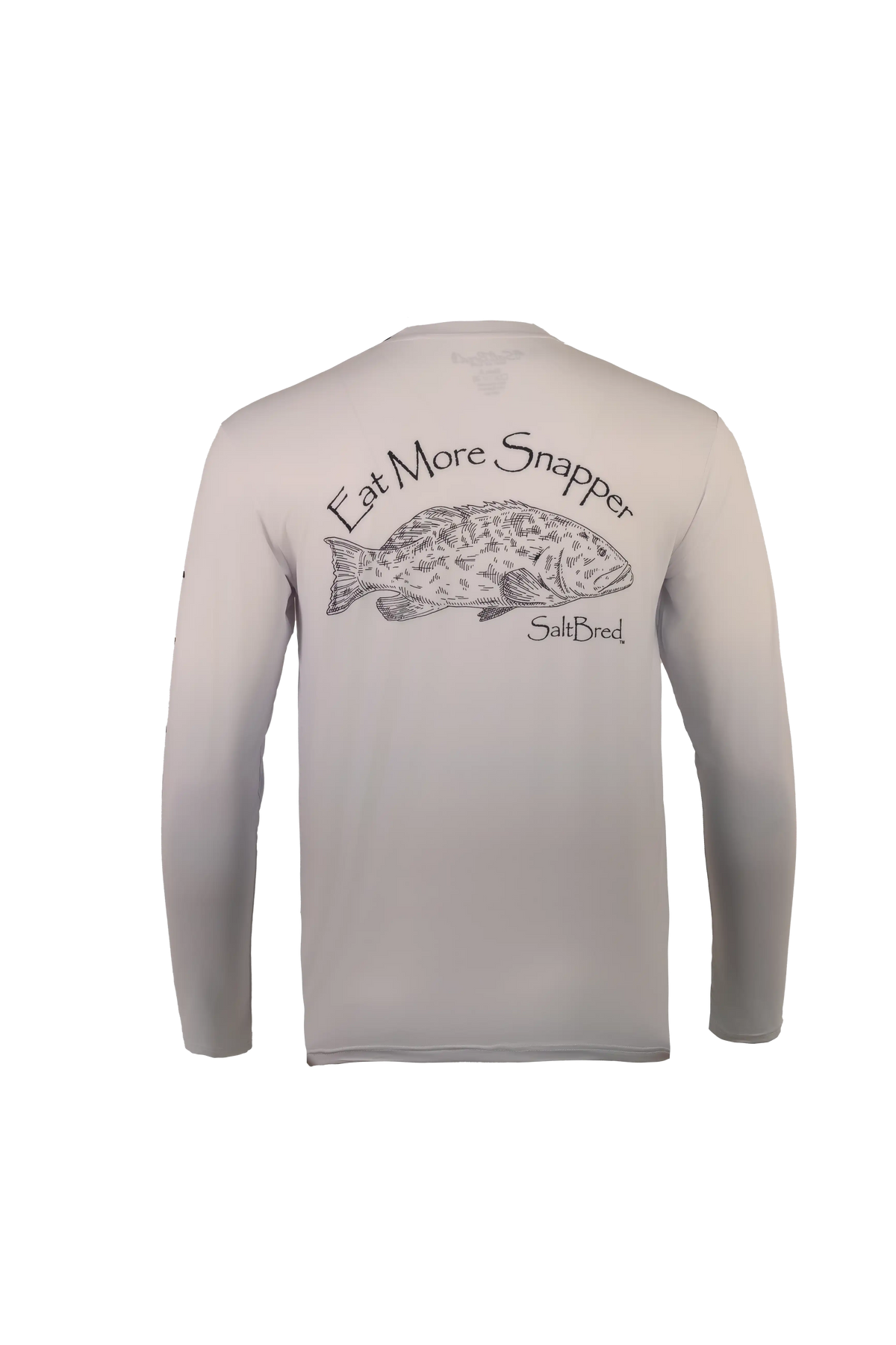 A light gray long-sleeve performance shirt shown from the back, featuring a black graphic of a snapper fish with the text 'Eat More Snapper' and 'SubBreed' printed on the back.