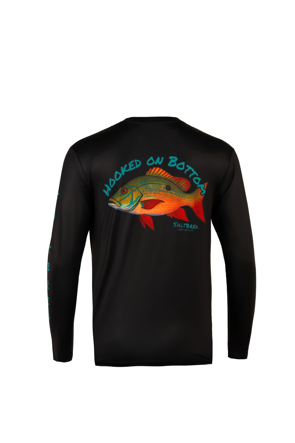 A black long-sleeve performance shirt shown from the back, featuring a large graphic of a red and green bass fish with the text 'HOOKED ON BOTTOM' in teal and 'SALTED' below it.