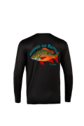 A black long-sleeve performance shirt shown from the back, featuring a large graphic of a red and green bass fish with the text 'HOOKED ON BOTTOM' in teal and 'SALTED' below it.