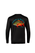 A black long-sleeve performance shirt shown from the back, featuring a large graphic of a red and green bass fish with the text 'HOOKED ON BOTTOM' in teal and 'SALTED' below it.