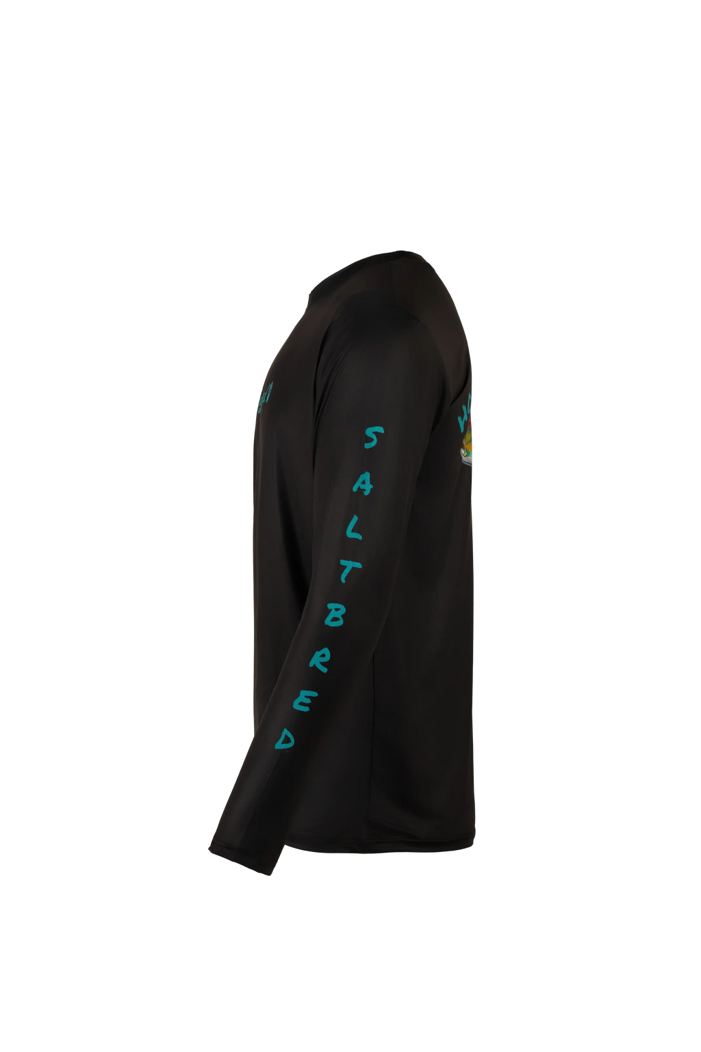 A black long-sleeve performance shirt shown in side profile, featuring the word 'SALT BRED' printed vertically in bright teal down the right sleeve.