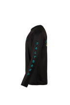 A black long-sleeve performance shirt shown in side profile, featuring the word 'SALT BRED' printed vertically in bright teal down the right sleeve.
