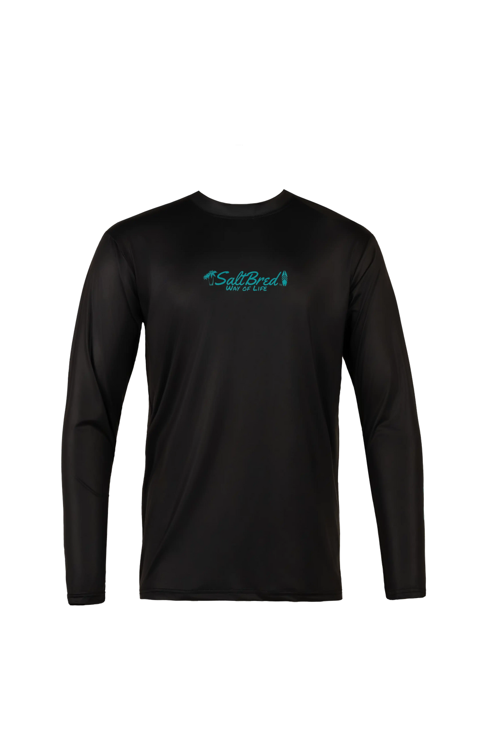 A black long-sleeve performance shirt with a teal 'Salt Bird Outfitters' logo printed on the center chest, displayed on a clean white background.