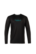 A black long-sleeve performance shirt with a teal 'Salt Bird Outfitters' logo printed on the center chest, displayed on a clean white background.