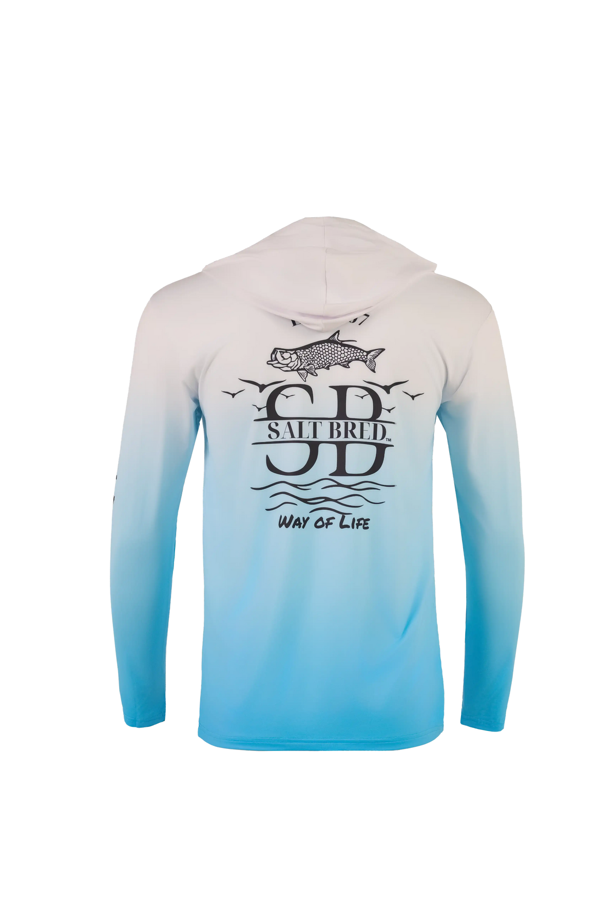 A long-sleeve hooded shirt shown from the back, featuring a white-to-blue gradient that fades into bright blue at the bottom. The back has a large black graphic of a fish, birds, and the text 'SE SALTBIRD SJ WAY OF LIFE'.