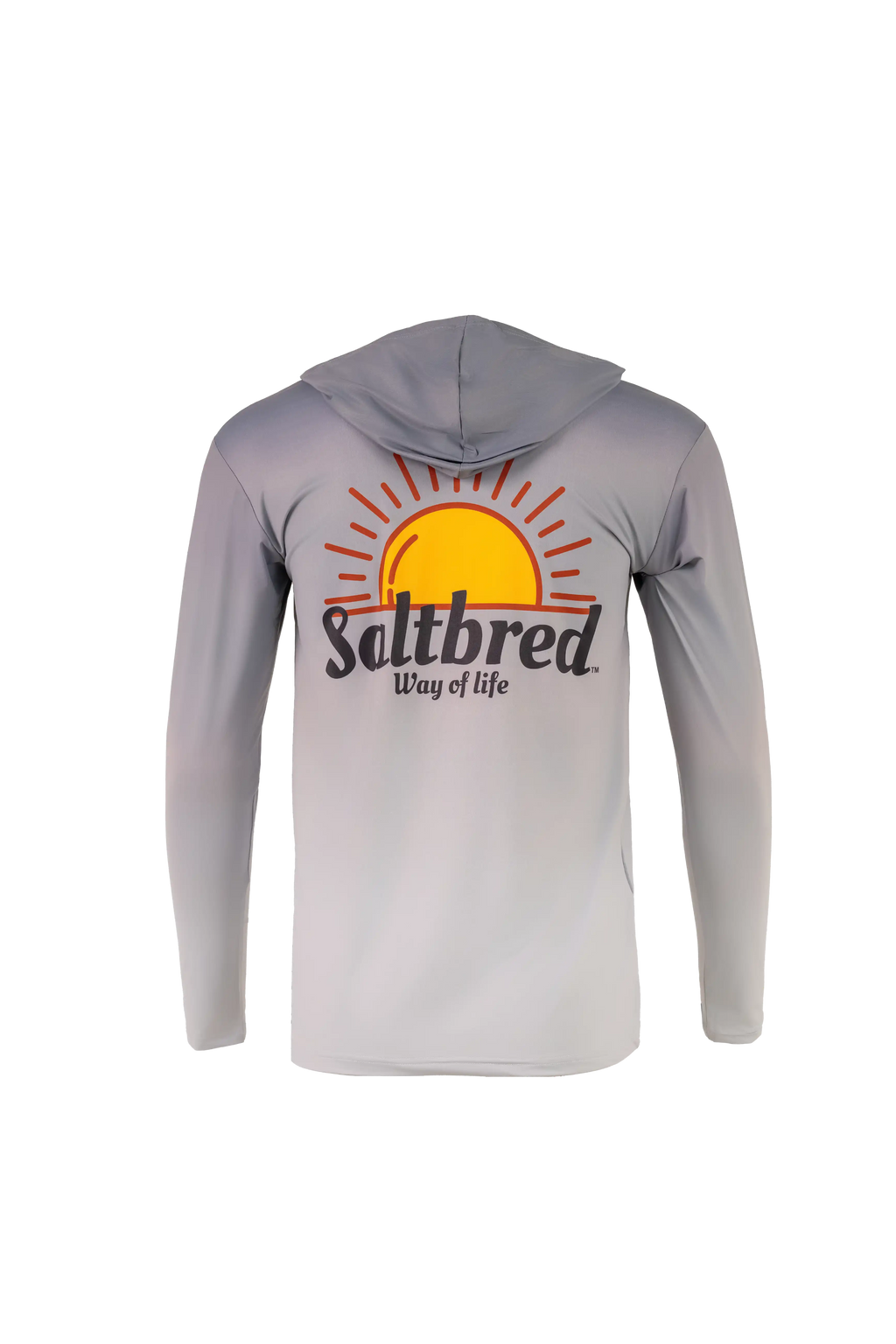 A light gray hooded long-sleeve shirt shown from the back, featuring a large graphic of a yellow and orange rising sun with the text 'Saltbred Way of life' printed across the center.