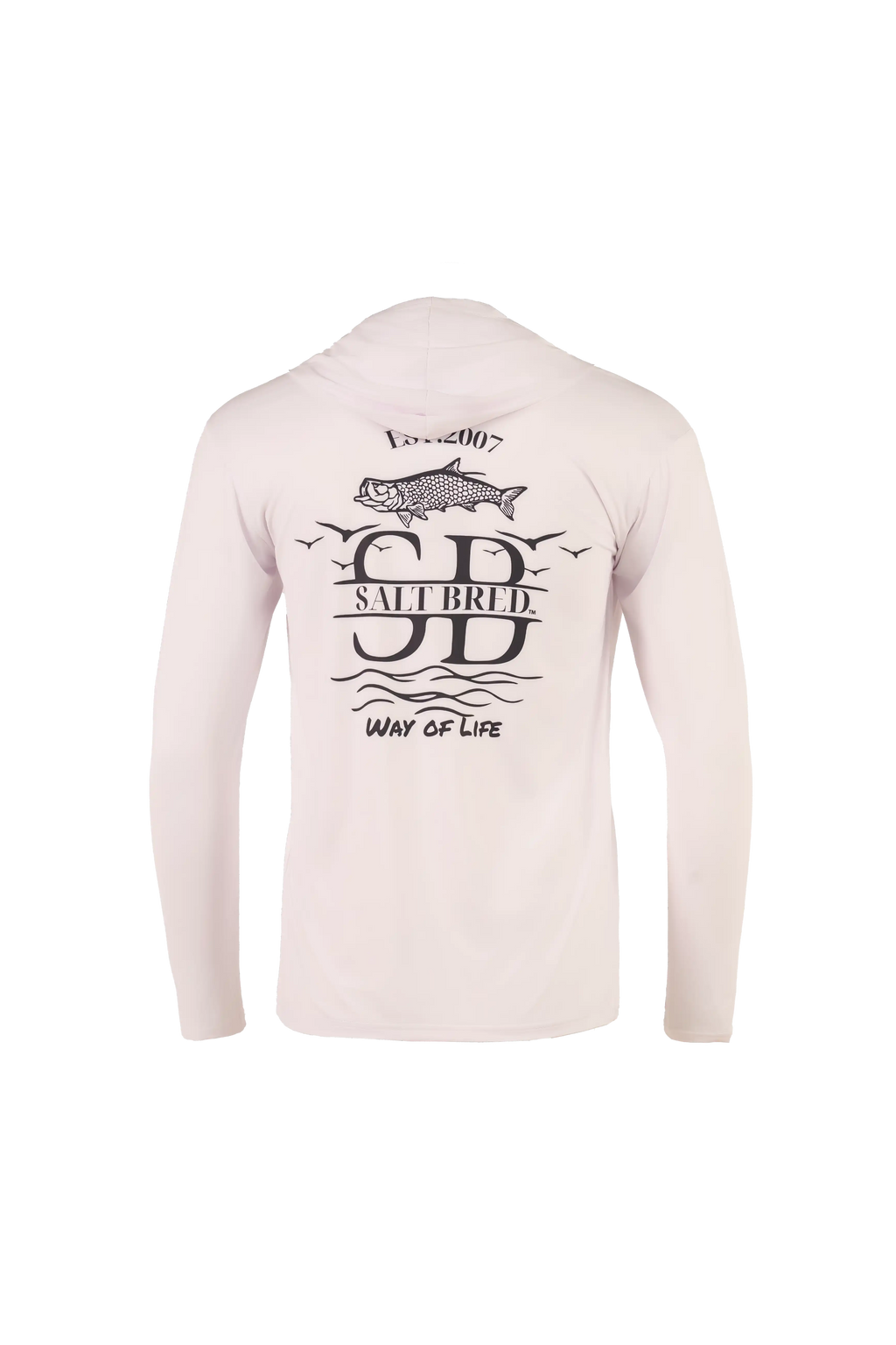 A light pink long-sleeve hooded shirt shown from the back, featuring a black graphic print of a fish, birds, and the text 'Salt Bried' and 'Way of Life'.
