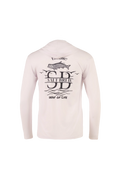 A light pink long-sleeve hooded shirt shown from the back, featuring a black graphic print of a fish, birds, and the text 'Salt Bried' and 'Way of Life'.