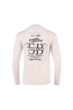 A light pink long-sleeve hooded shirt shown from the back, featuring a black graphic print of a fish, birds, and the text 'Salt Bried' and 'Way of Life'.