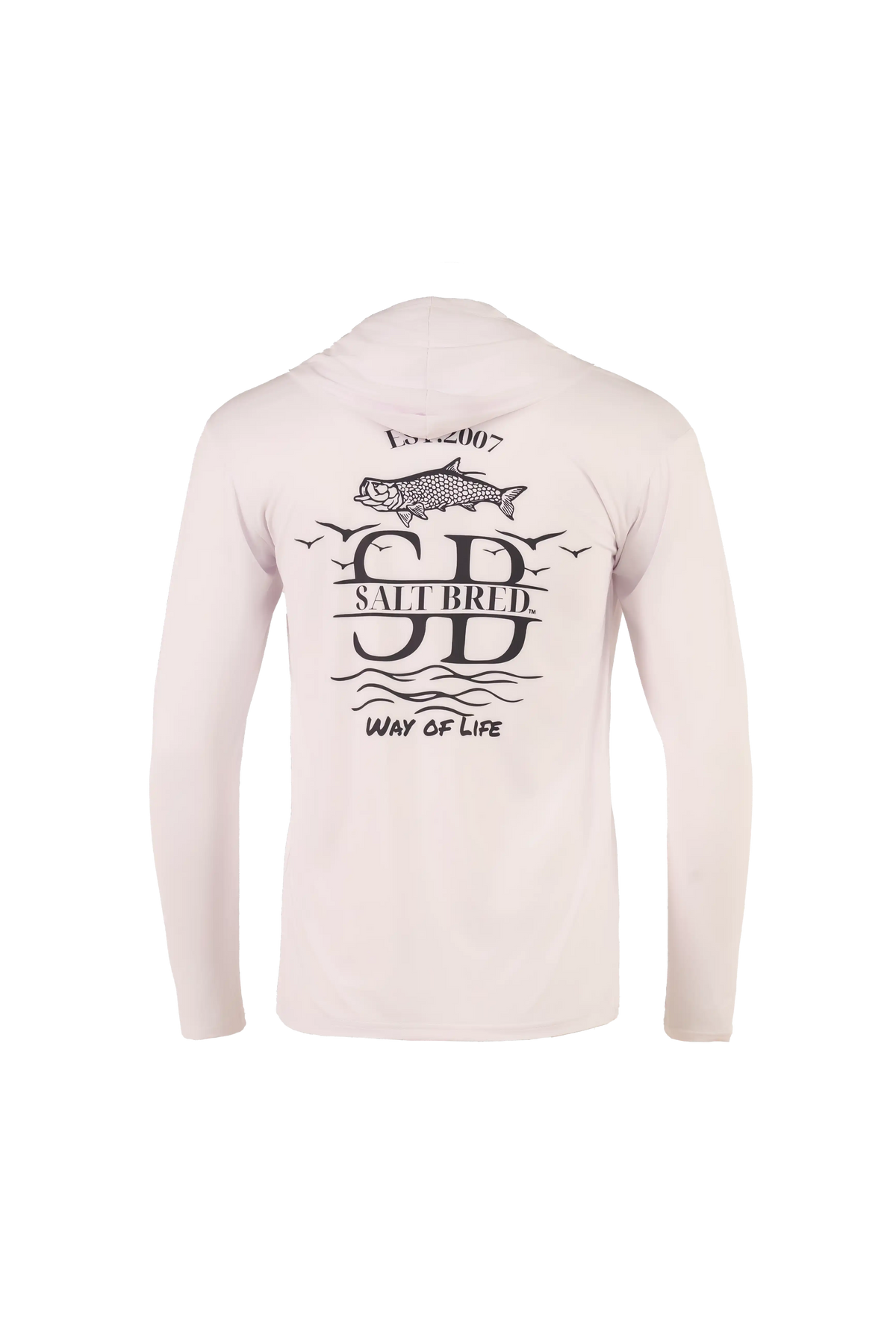 A light pink long-sleeve hooded shirt shown from the back, featuring a black graphic print of a fish, birds, and the text 'Salt Bried' and 'Way of Life'.
