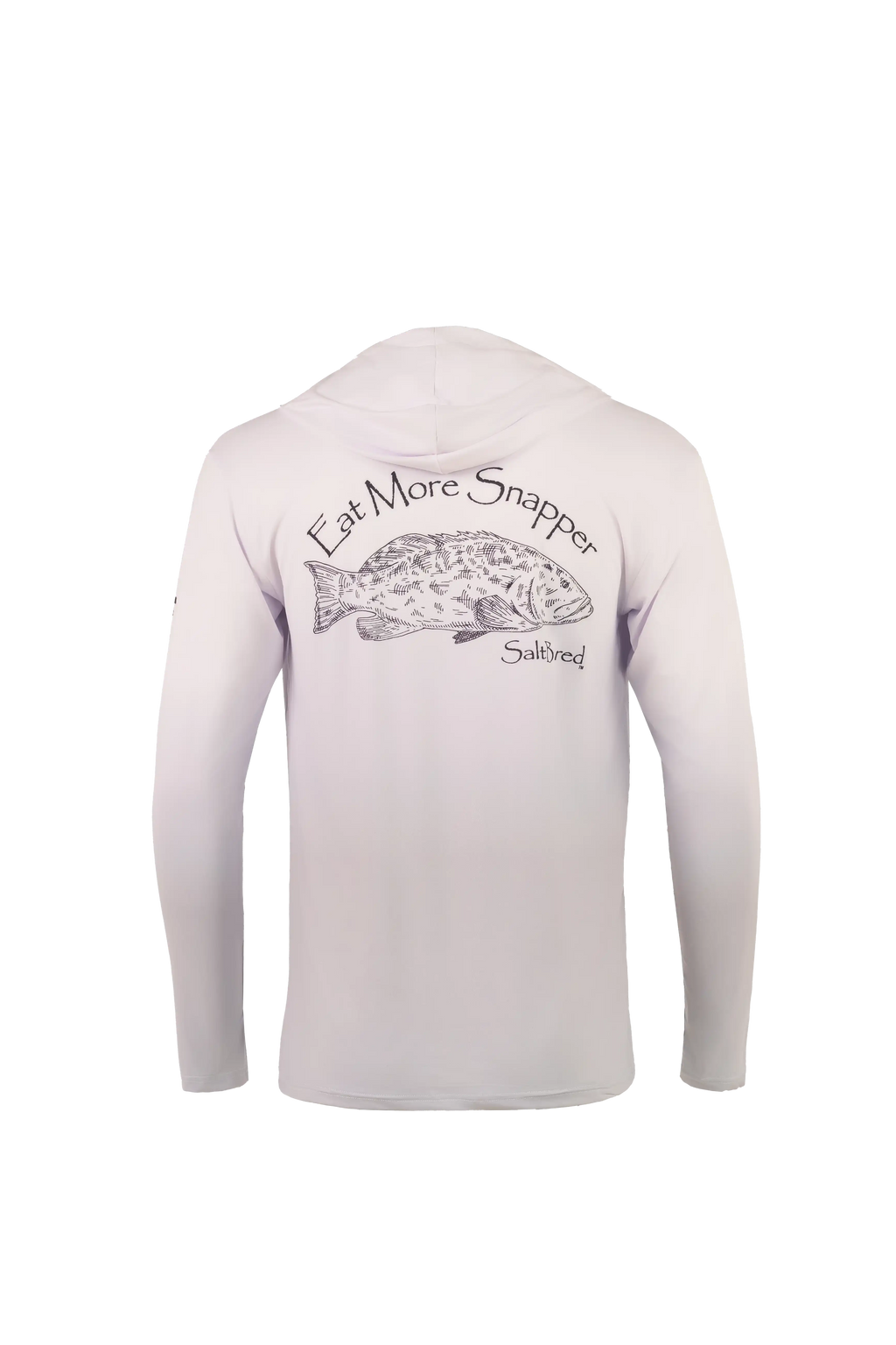 A white long-sleeve hooded shirt shown from the back, featuring a black line art graphic of a snapper fish with the text 'Eat More Snapper' and 'Subtled' underneath.