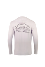 A white long-sleeve hooded shirt shown from the back, featuring a black line art graphic of a snapper fish with the text 'Eat More Snapper' and 'Subtled' underneath.