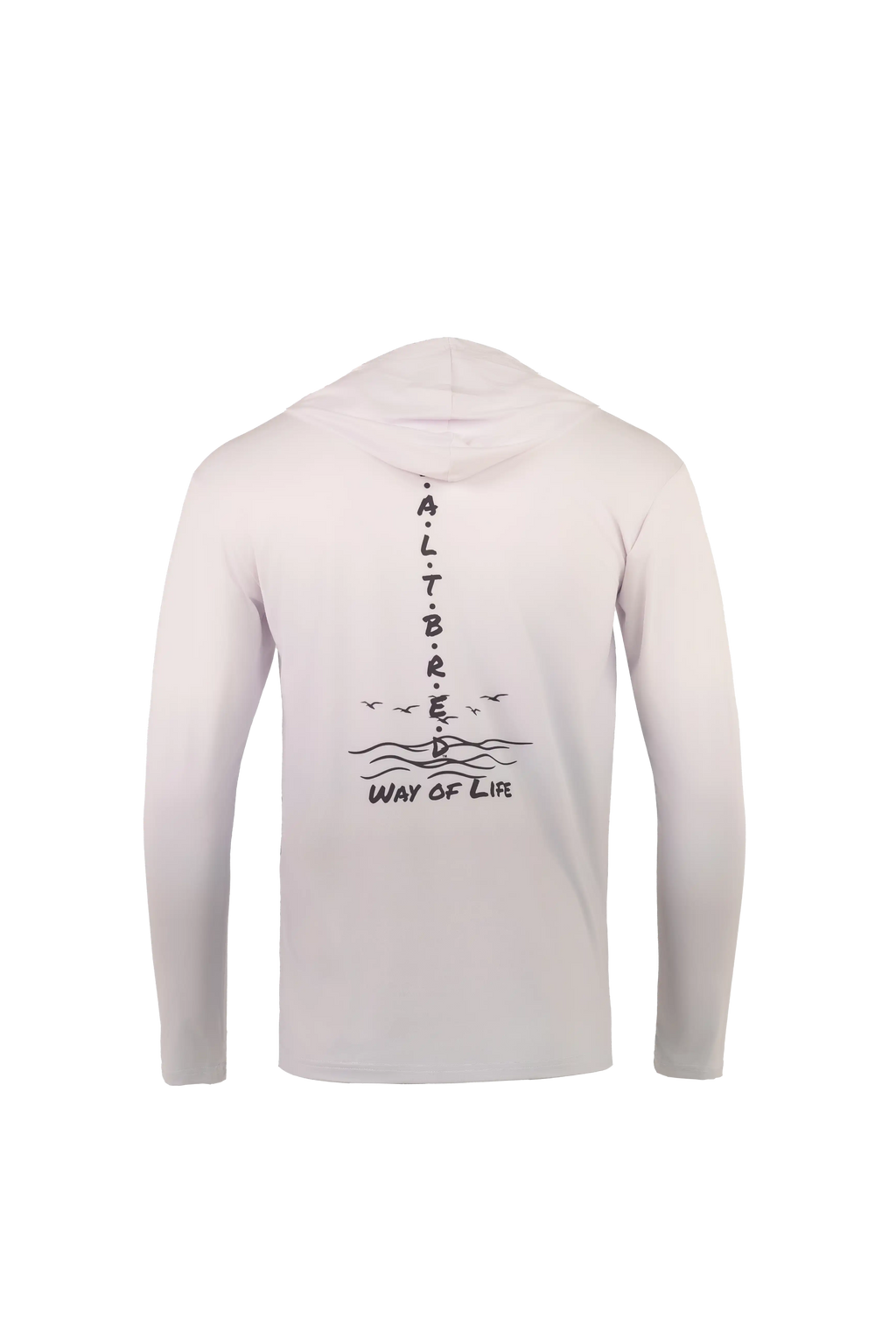 A light pink long-sleeve hooded shirt shown from the back, featuring a black vertical graphic that reads 'ALTBARDED' with 'WAY OF LIFE' and a small wave illustration below.