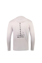 A light pink long-sleeve hooded shirt shown from the back, featuring a black vertical graphic that reads 'ALTBARDED' with 'WAY OF LIFE' and a small wave illustration below.
