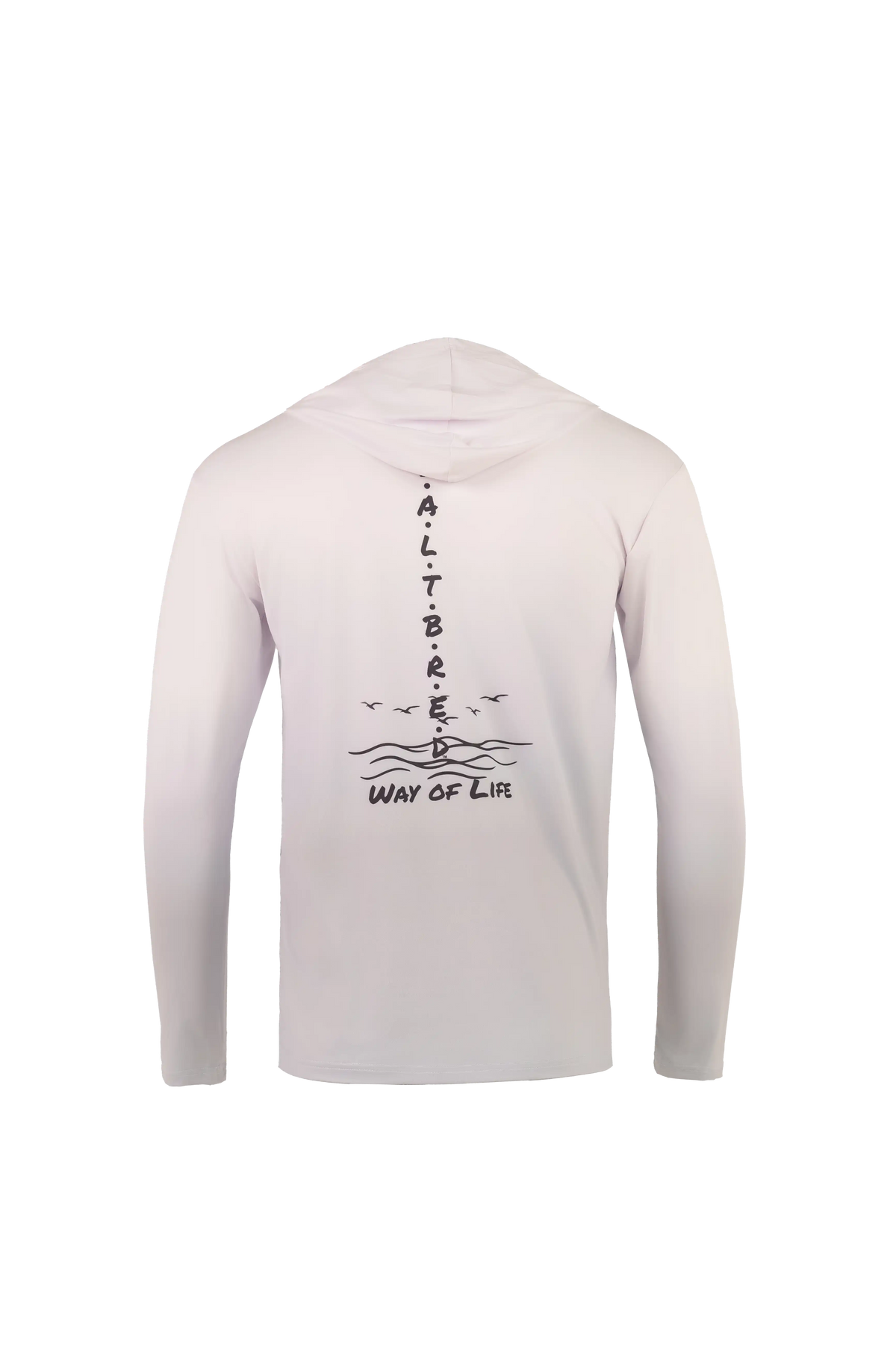 A light pink long-sleeve hooded shirt shown from the back, featuring a black vertical graphic that reads 'ALTBARDED' with 'WAY OF LIFE' and a small wave illustration below.