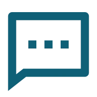 A dark teal chat bubble icon with three small dots inside, centered on a light gray background.