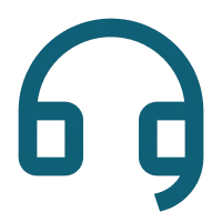 A teal blue graphic icon of headphones on a solid white background.