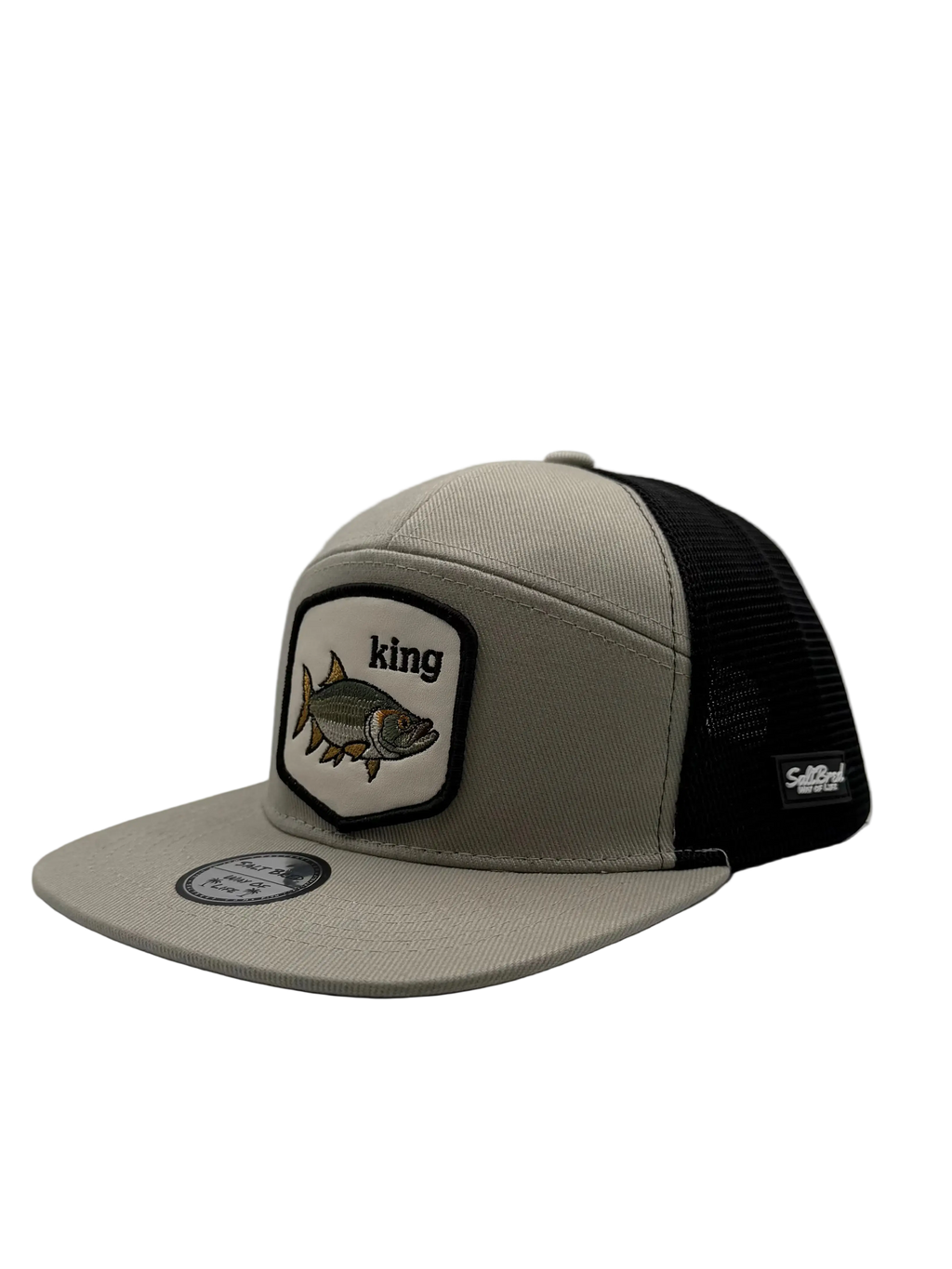 A trucker-style baseball cap with a light gray front panel and brim, black mesh back, and a front patch featuring a fish illustration and the word 'king'.